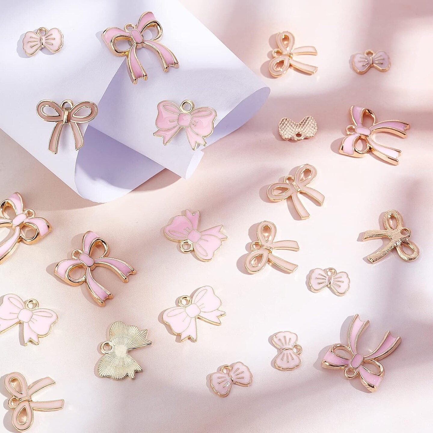 1 Box 4 Style Romantic Charm Enamel Flat Bowknot Charms Pink Bow Tie Kawaii Dangle Pendants Bulk for Women Jewelry Making Earrings Necklace Bracelets Valentine's Day DIY Craft Supplies