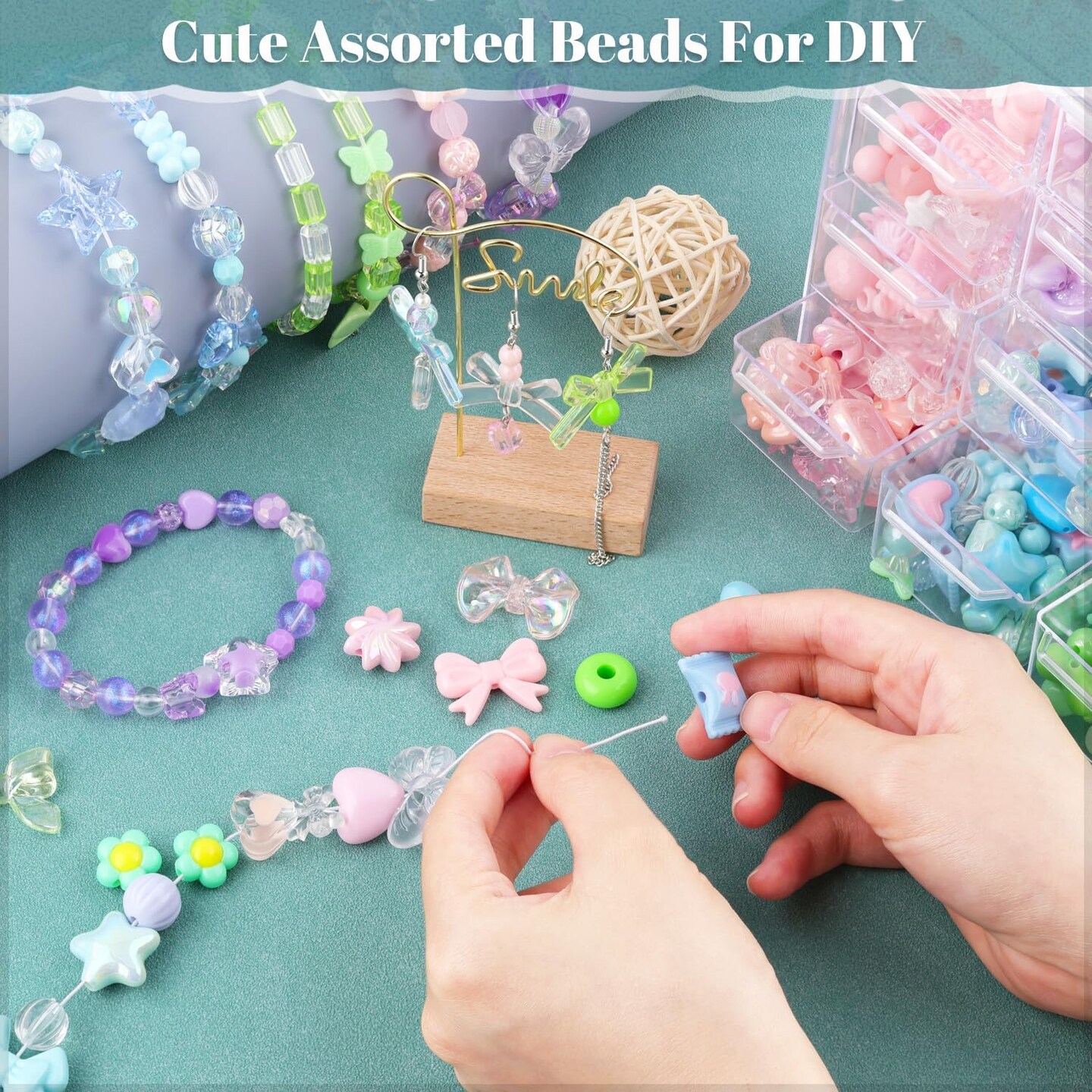 180-240PCS Assorted Acrylic Beads For Bracelet Making, Flower Bow Butterfly Candy Star Heart GummyBear Kawaii Aesthetic Bracelet Charms,Cute Beads