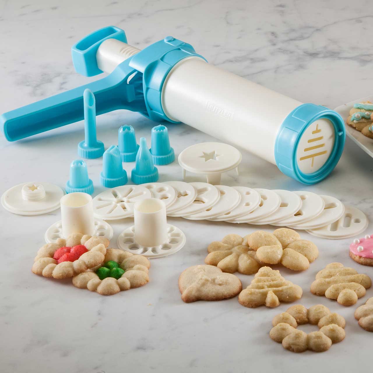 Hutzler 23pc Easy Action Cookie Press and Food Decorator Set - For Simple Decorating of Appetizers and Desserts