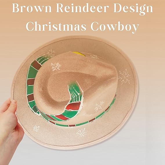 4E’s Novelty Christmas Fedora Hat for Adults – Brown Reindeer Themed Cowboy Hat for Men & Women, Polyester Felt Holiday Hat for Christmas Parties, Costumes & Festive Dress-Up