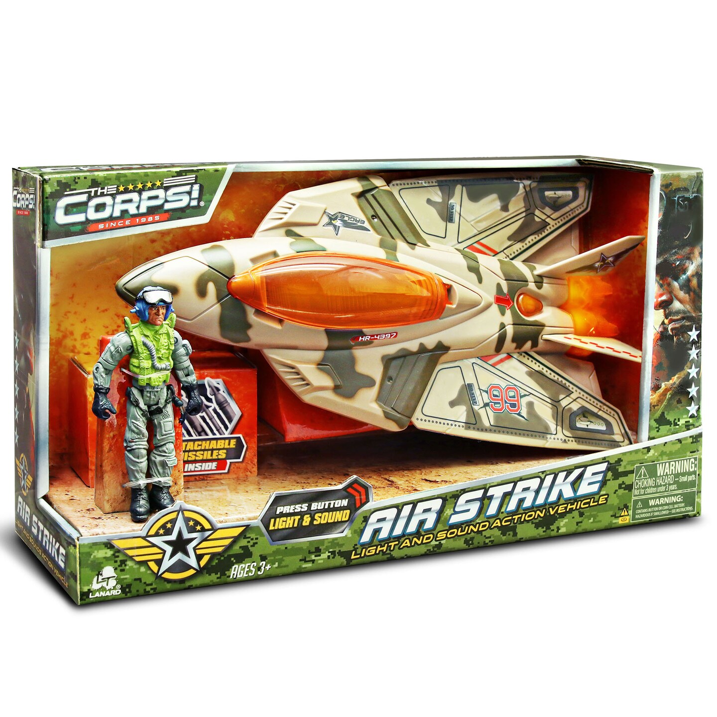 Lanard The Corps! Air Strike - Jet Fighter - Flashing Light &#x26; Realistic Jet Engine Sound, Poseable Action Figure Pilot, Military Vehicle Toy, Kids 3+