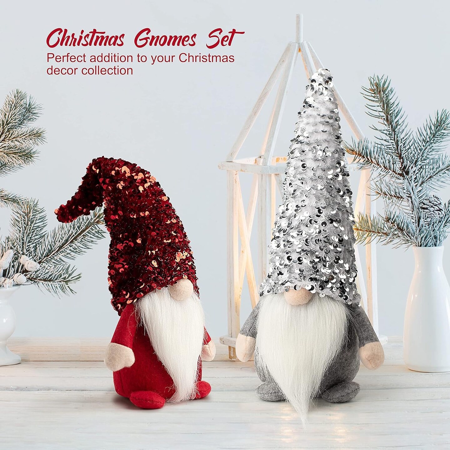 2Pack Sequin Christmas Gnomes Plush with LED Lighting Beard, Handmade Swedish Tomte Santa Scandinavian Figurine Nordic Plush Elf Doll Gnome Ornaments Christmas Decorations Home Decor