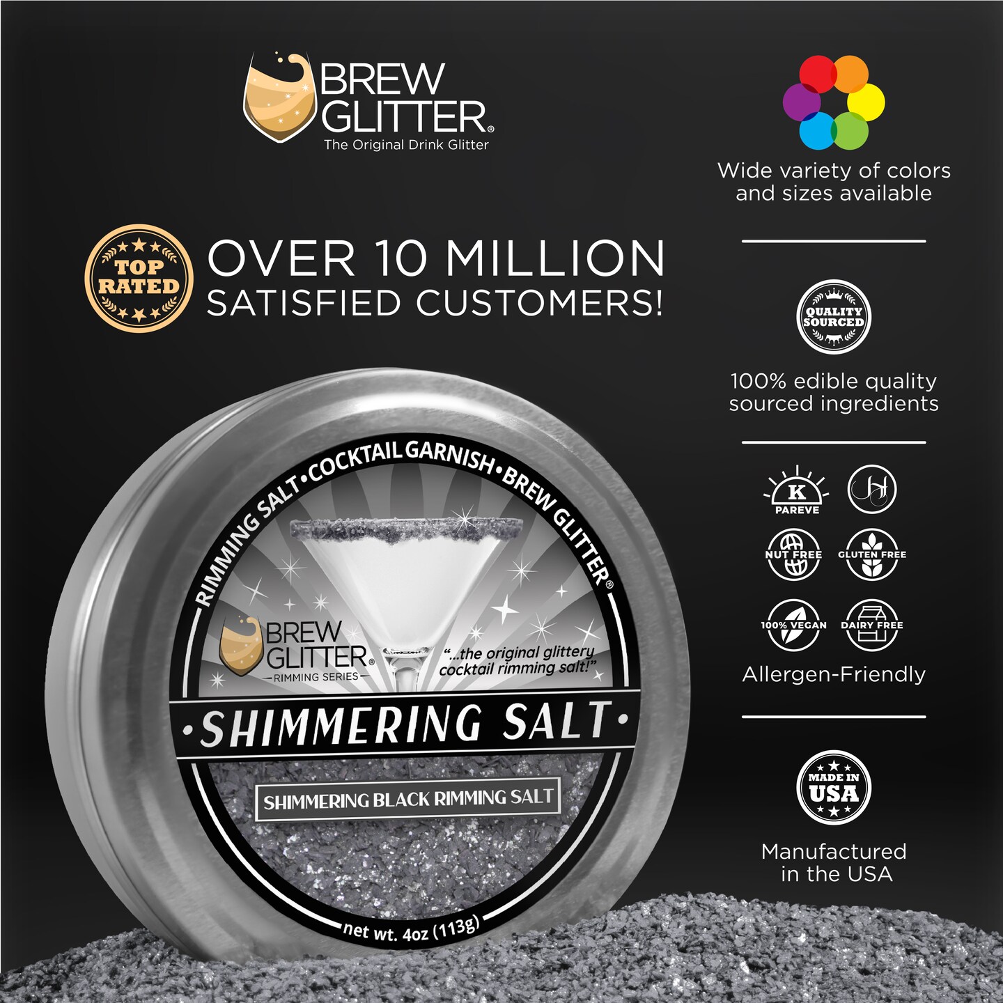 Brew Glitter - Shimmering Black Rimming Salt (4oz, 1x Bar Tin) Edible Glitter Blended Cocktail Garnish for Mixed Drinks and Beverages