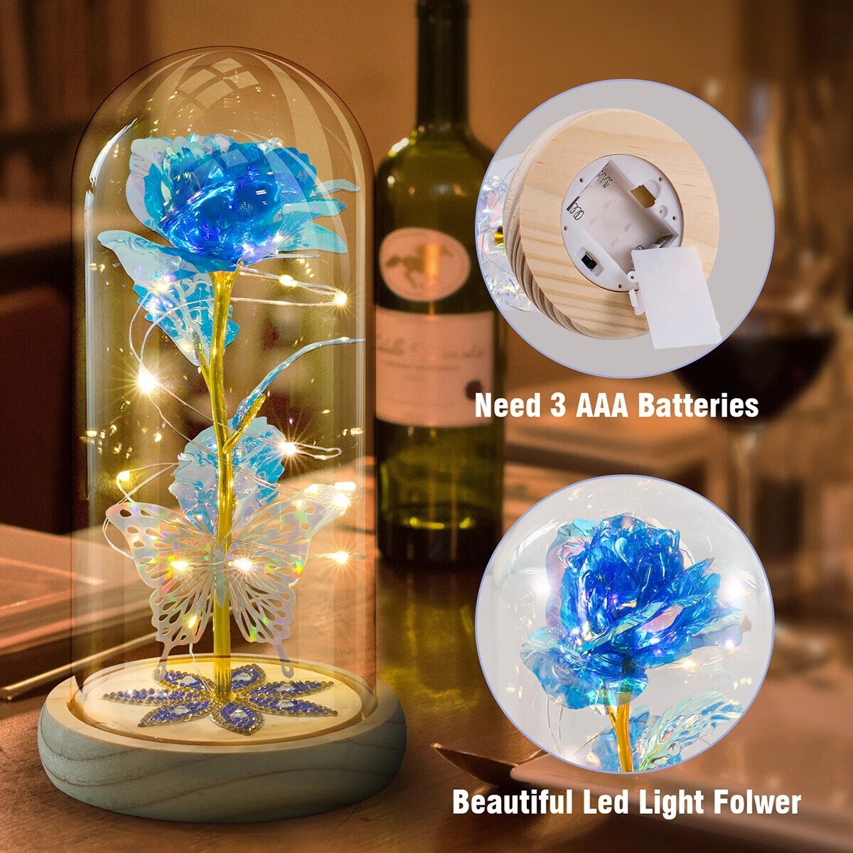 Eternal Preserved LED Rose with Butterfly in Glass Dome Décor