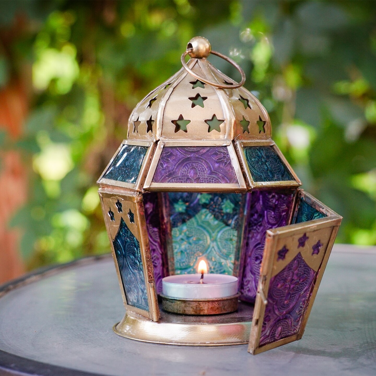 In the Breeze 9210 —Teal & Purple Hex Tealight Lantern — Moroccan-Style Boho Chic Tealight Glass and Metal Tabletop Lantern