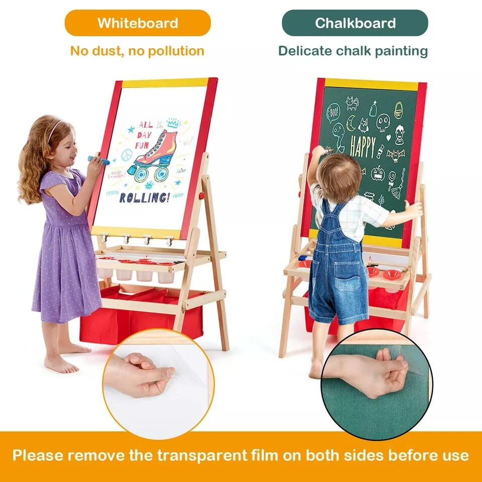 Kids Art Stand Wood Whiteboard Chalkboard w/ Paper Roll &#x26;Full Set of Accessories