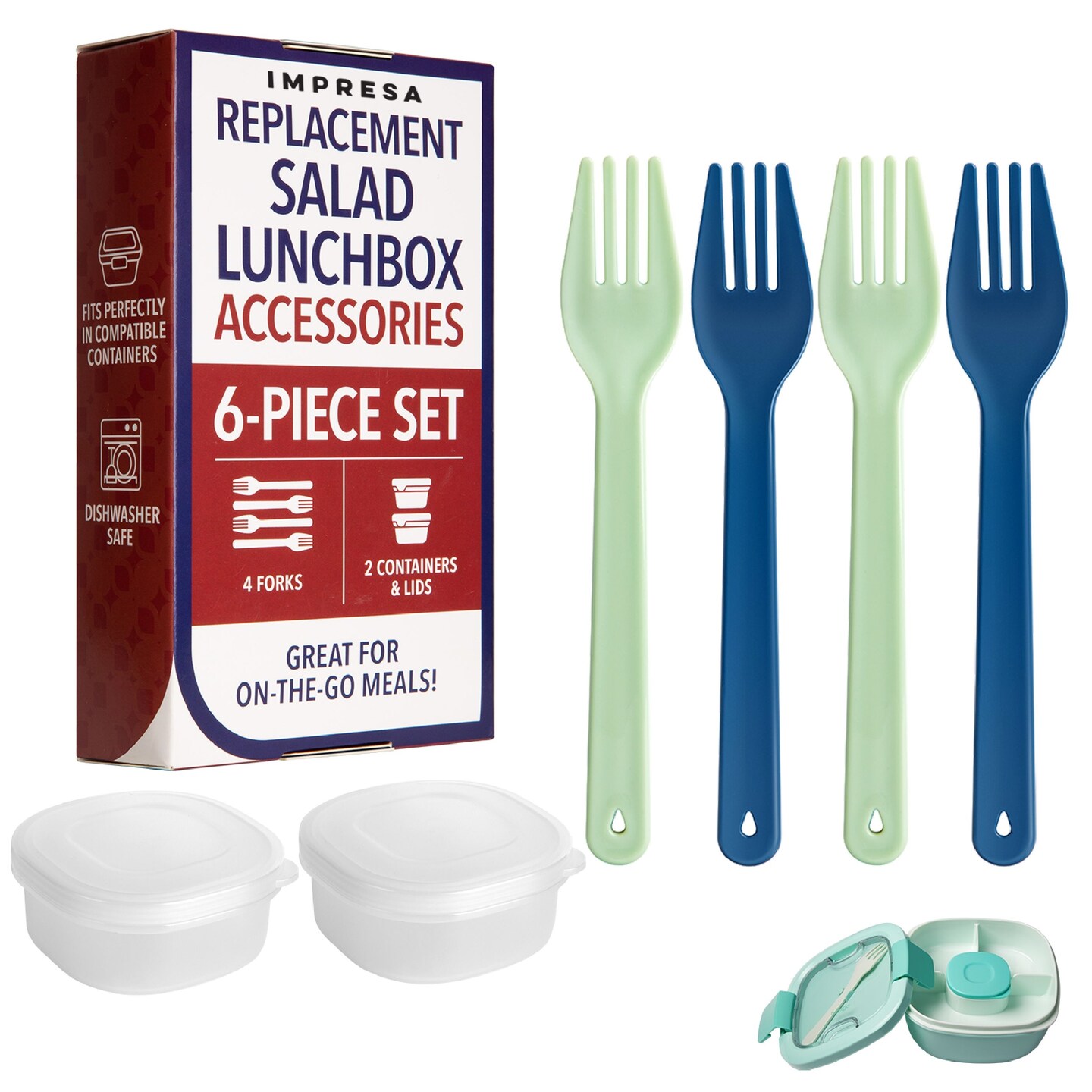 Impresa 6 Piece Lunch Box Accessories Set Compatible With Bentgo All in One Salad Container - 4 Salad Box Forks &#x26; 2 Small Dressing Containers - Reusable Dressing Containers with Lids