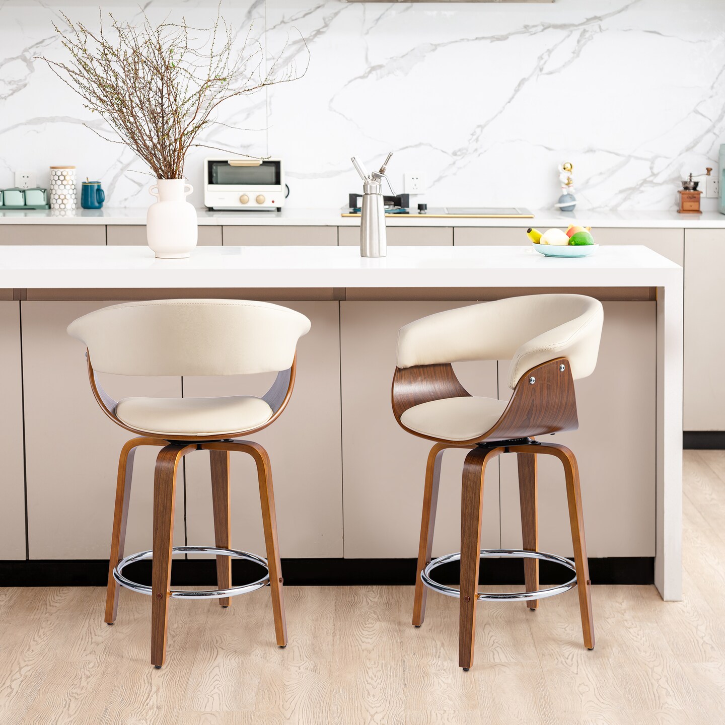 Set of 2/4 Mid-century Modern Leatherette Swivel Bar Stools/Counter Stools with Walnut Bentwood Frame
