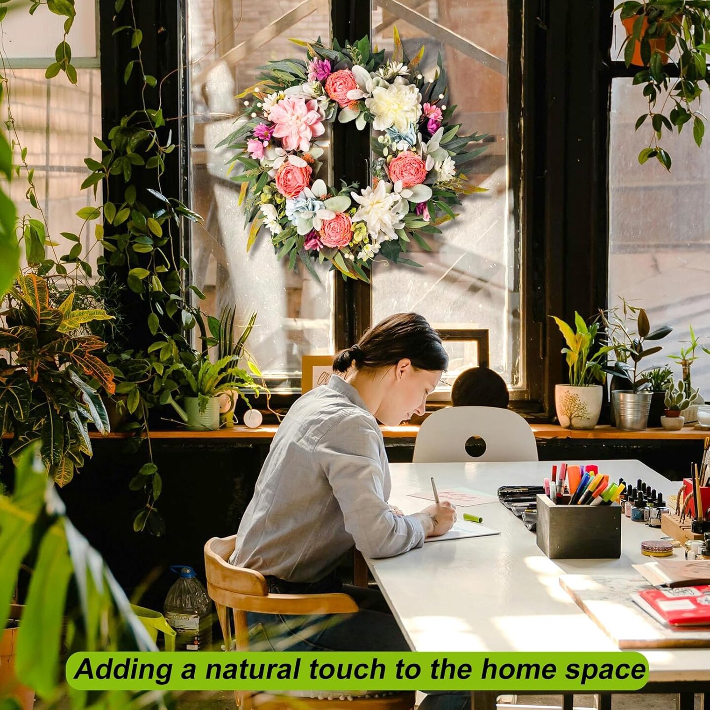 Spring Summer Wreath for Front Door Outside Porch Wall Home Decor, 20" Colorful Modern Floral Wreath