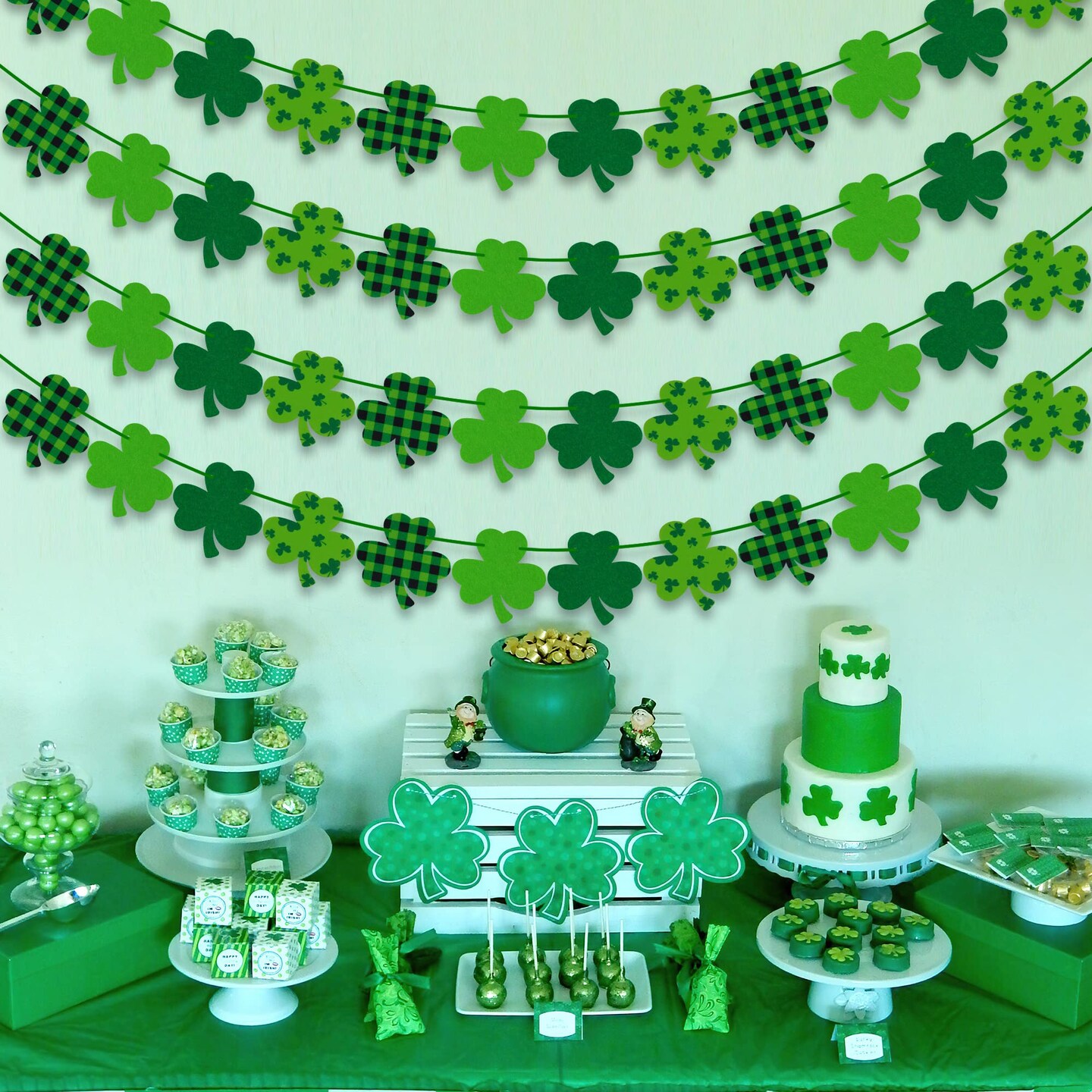 4PCS Felt Shamrock Clover Garland Banner - NO DIY, St. Patrick&#x27;s Day Decorations - Buffalo Plaid Dark Green Light Green Happy St. Patrick&#x27;s Day Banner for Home Mantel Office Irish Day Party Supplies