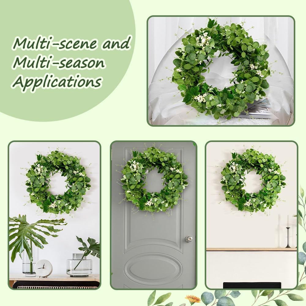 Eucalyptus Wreath 22-24 Inch, Spring Wreaths for Front Door Outside with White Berry (Green)