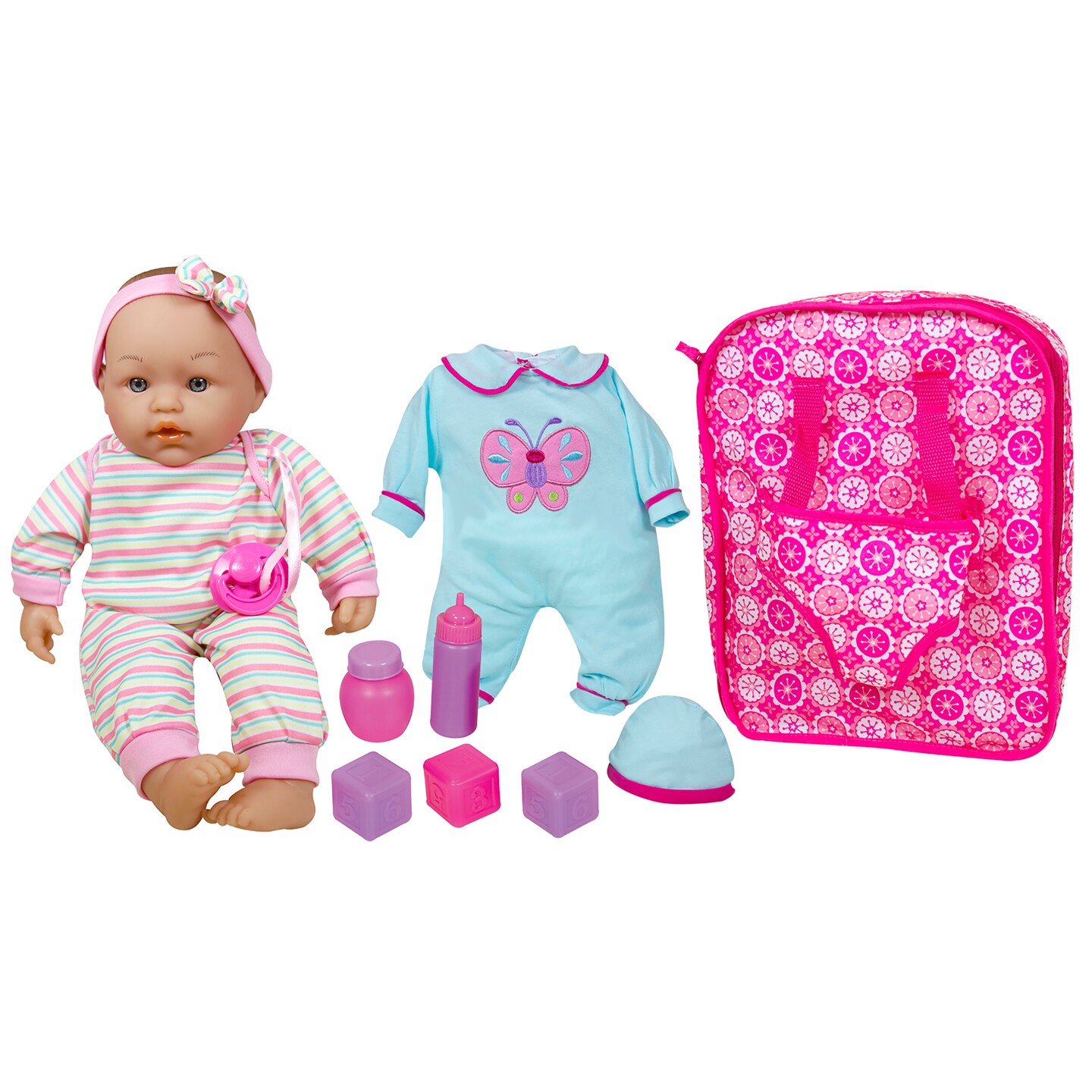 Lissi: 14" Baby Doll Set: Backpack & Accessories - Pink-Blue-Purple - 7pc Toy Care Accessories, Doll Harness Travel Bag, Extra Outfit, Kids-Toddler 2+
