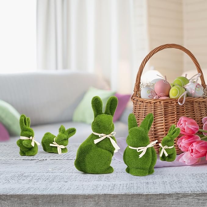 10/5 Inches Moss Bunny Easter Home Decor,Set of 5 Green Faux Moss Parents n Baby Easter Bunny Decor for Easter Decorations,Cute Bunny Figurines as Spring Decor