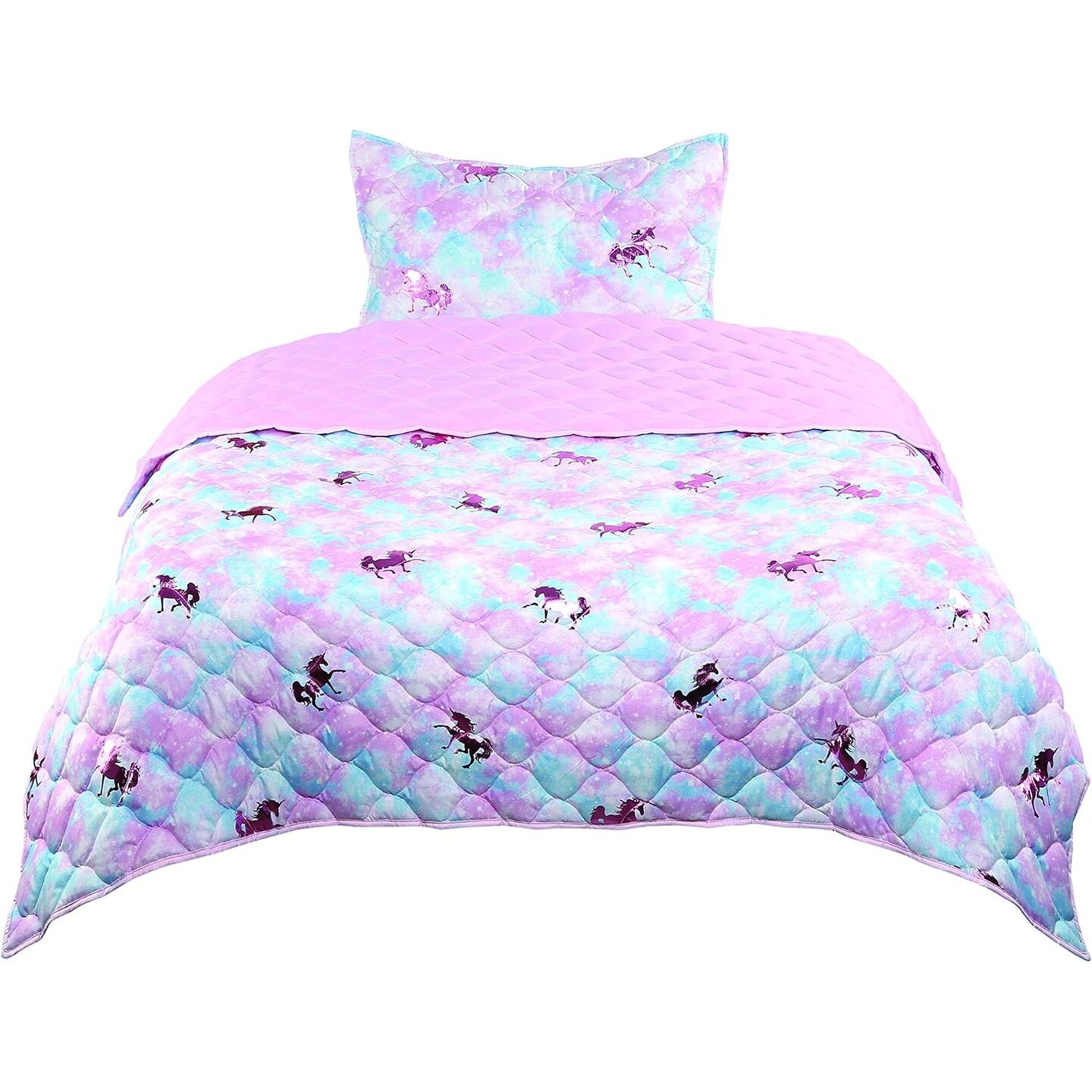 Tadpoles 2-Piece Girls Unicorn Quilt Set | 1 Twin Bed Size Quilt &#x26; 1 Standard Sham | Made of 100% Micro-denier Polyester Fiber | Soft, Smooth &#x26; Durable | Ideal for Teens | Metallic Pink Unicorns