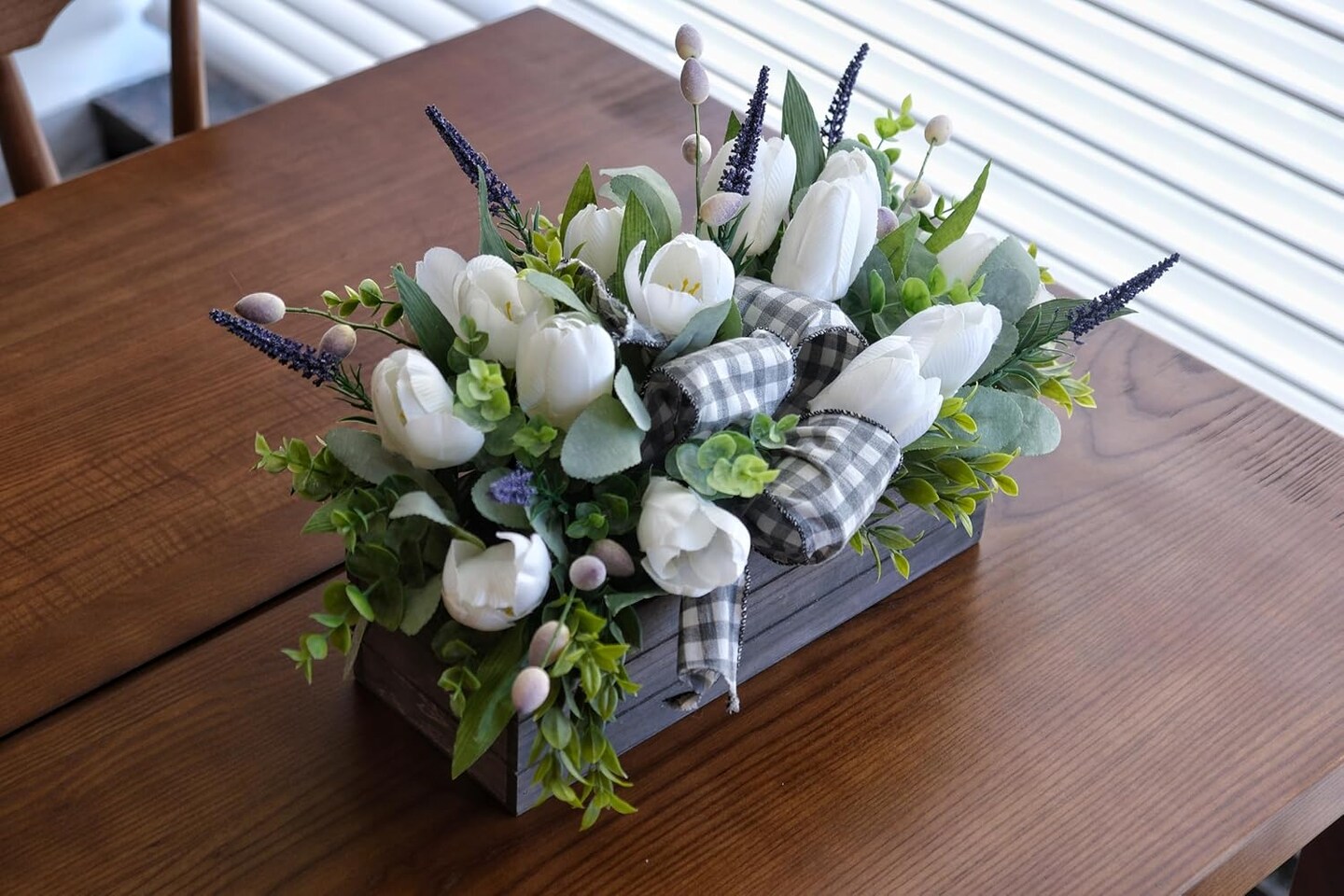 Spring Table Decor Faux White Tulips Arrangement, Spring Easter Tabletop Floral Centerpiece, Artificial Tulip Lavender Eucalyptus Boxwood and Bow in Rectangular Wood Box for Home Decoration, 14in