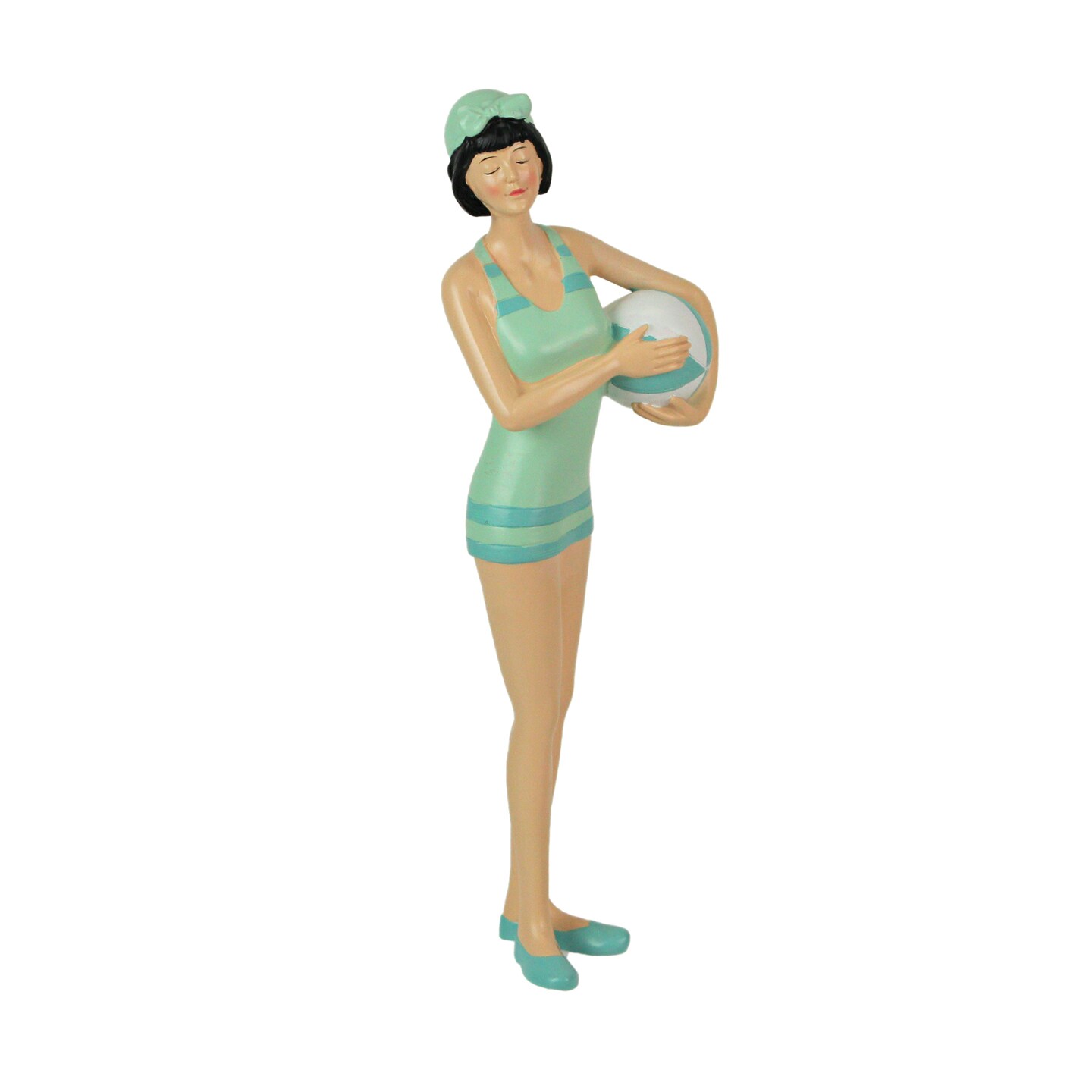 Brunette Bathing Beauty Figurine &#x2013; Hand-Painted Striped Swimsuit, Coastal Charm