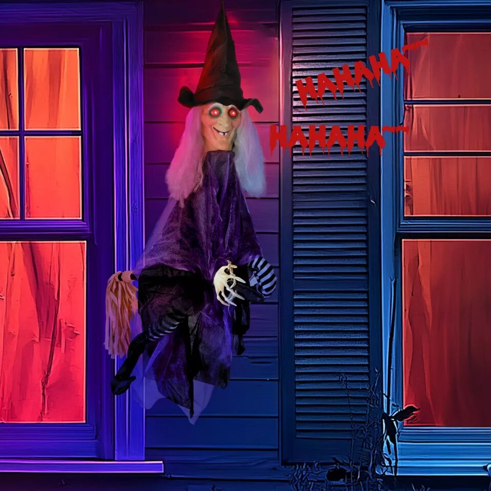 3FT Halloween Outdoor Spooky Decoration Talking Glowing Eyes Witch with Broom