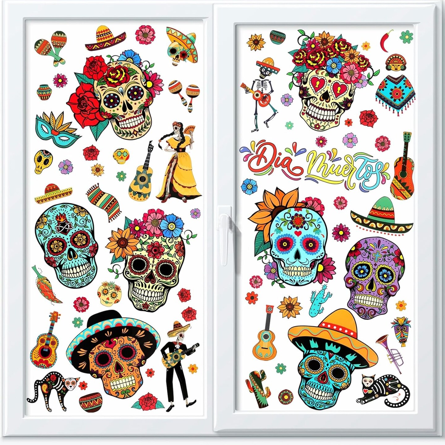 9 Sheets Mexican Day of The Dead Window Clings Dia de Los Muertos Window Decals Sugar Skull Window Clings for Halloween Day of The Dead Party Decorations