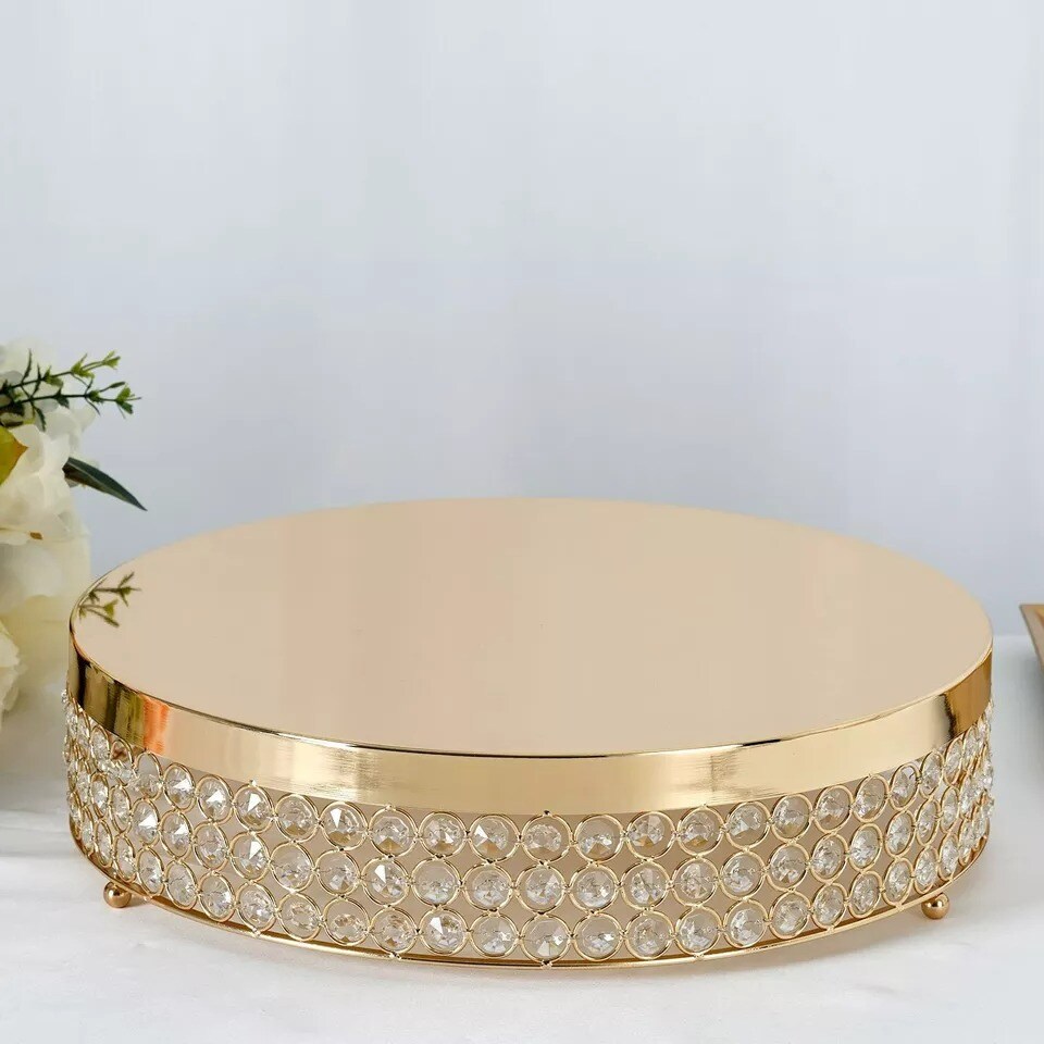 15.5" wide Gold Metal Cake Stand with Crystal Beads Wedding Birthday Events
