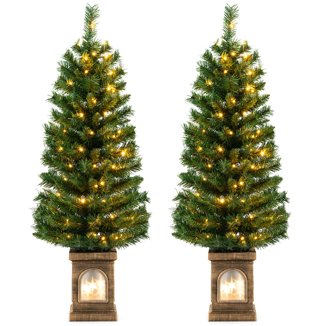 2 Pcs 4 Ft Pre-Lit Potted Christmas Tree Artificial Entrance Tree W ...