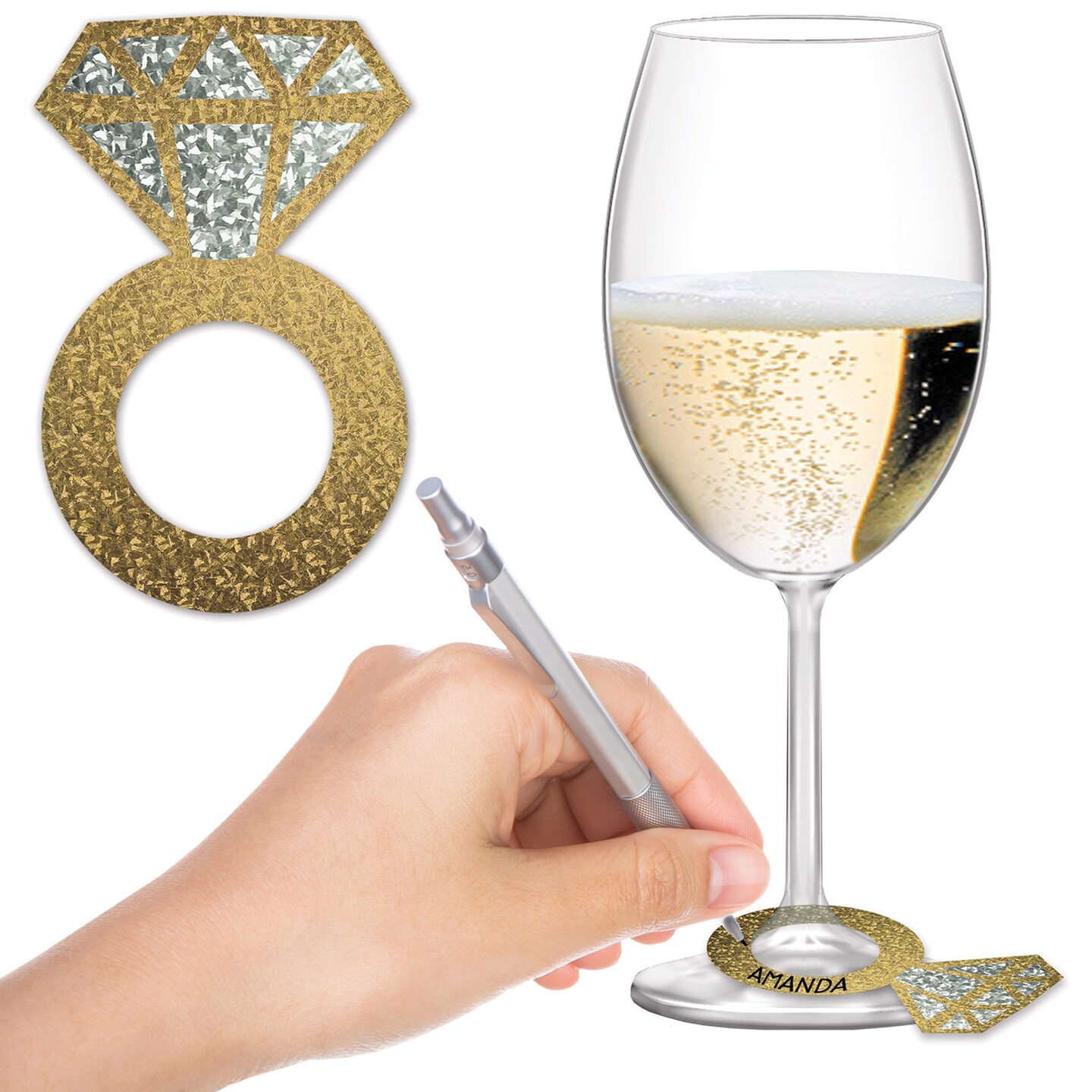Beistle 2&#xBC;in. x 3&#xBD;in. Diamond Ring Wine Glass Markers - 12 Pack
