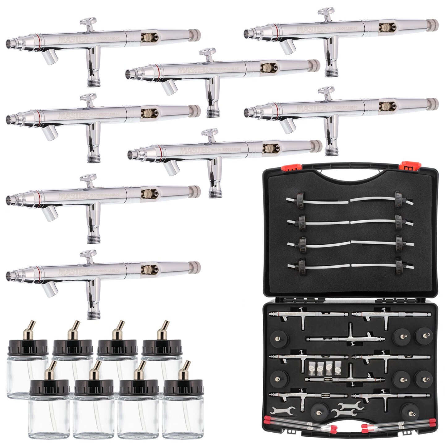 8 Master Hi-Flow S62 Dual-Action Siphon Feed Airbrushes with 0.5 mm Tips, 3/4 oz. Bottles, Cutaway Handles &#x26; Storage Case