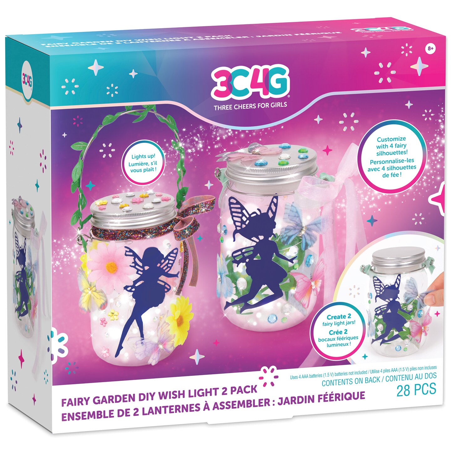3C4G: Fairy Garden DIY Wish Light - Create 2 Fairy Light Jars, Customize w/ 4 Fairy Silhouettes, Lights Up, Tweens, Girls &#x26; Kids Ages 8+, Three Cheers For Girls