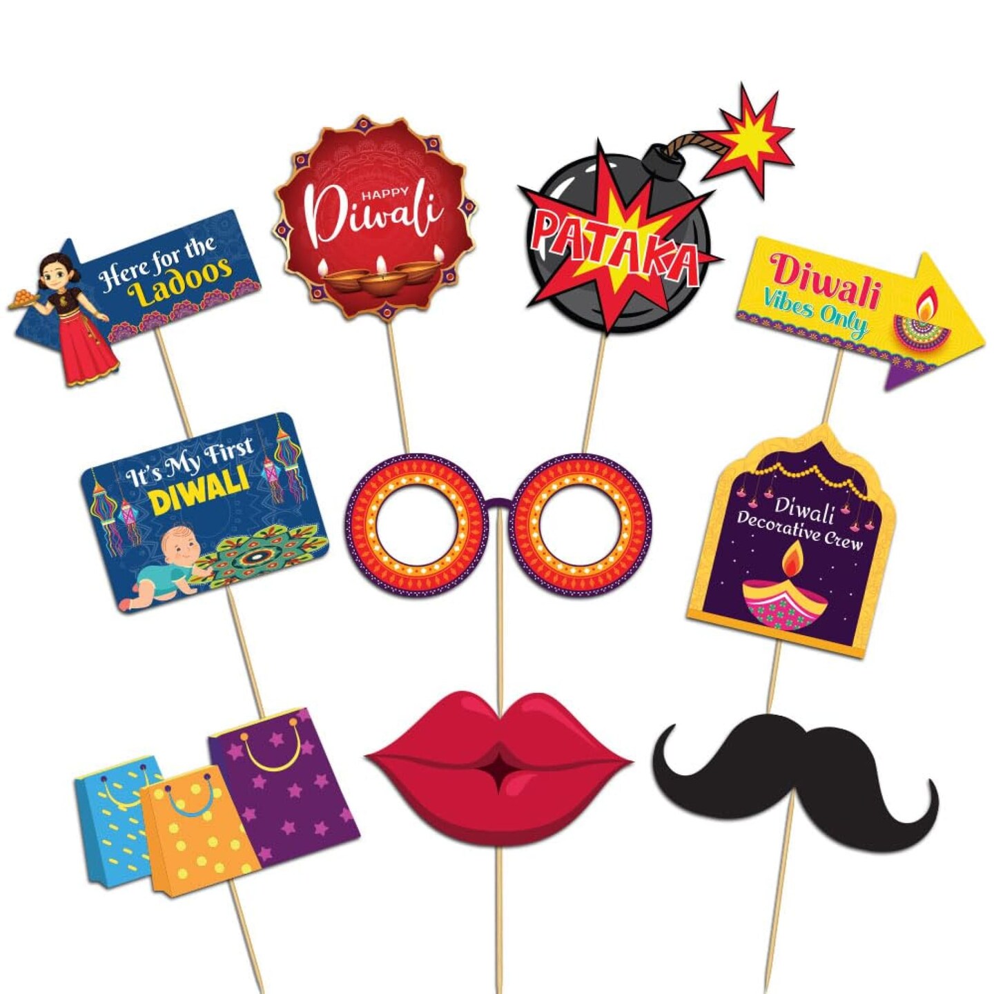 10 Pcs Happy Diwali Photo Booth Props Kit Festival of Lights Celebration Props for Photoshoot Deepawali Party Picture Selfie Stick Props Indian Themed Party Supplies