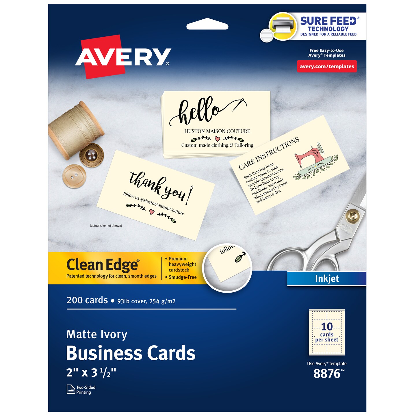 Avery Clean Edge Printable Business Cards with Sure Feed Technology, 2&#x22; x 3.5&#x22;, Ivory, 200 Blank Cards for Inkjet Printers (08876)
