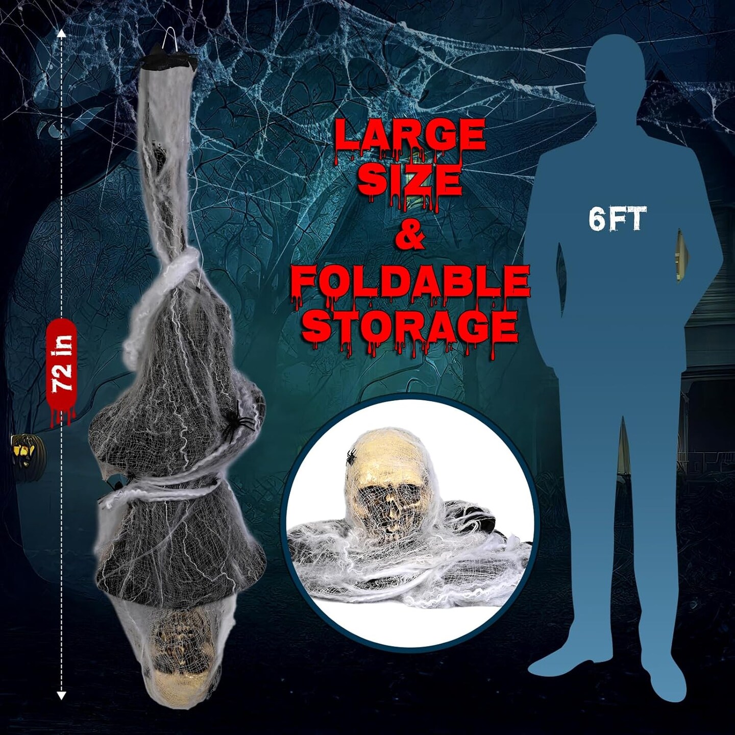 Halloween Decoration Cocoon Corpse, Animated Scary Hanging Dead Body Prop with Light Full Body LED Eye & Spooky Sound, Halloween Outdoor Yard, Lawn Decoration, Haunted House Decor