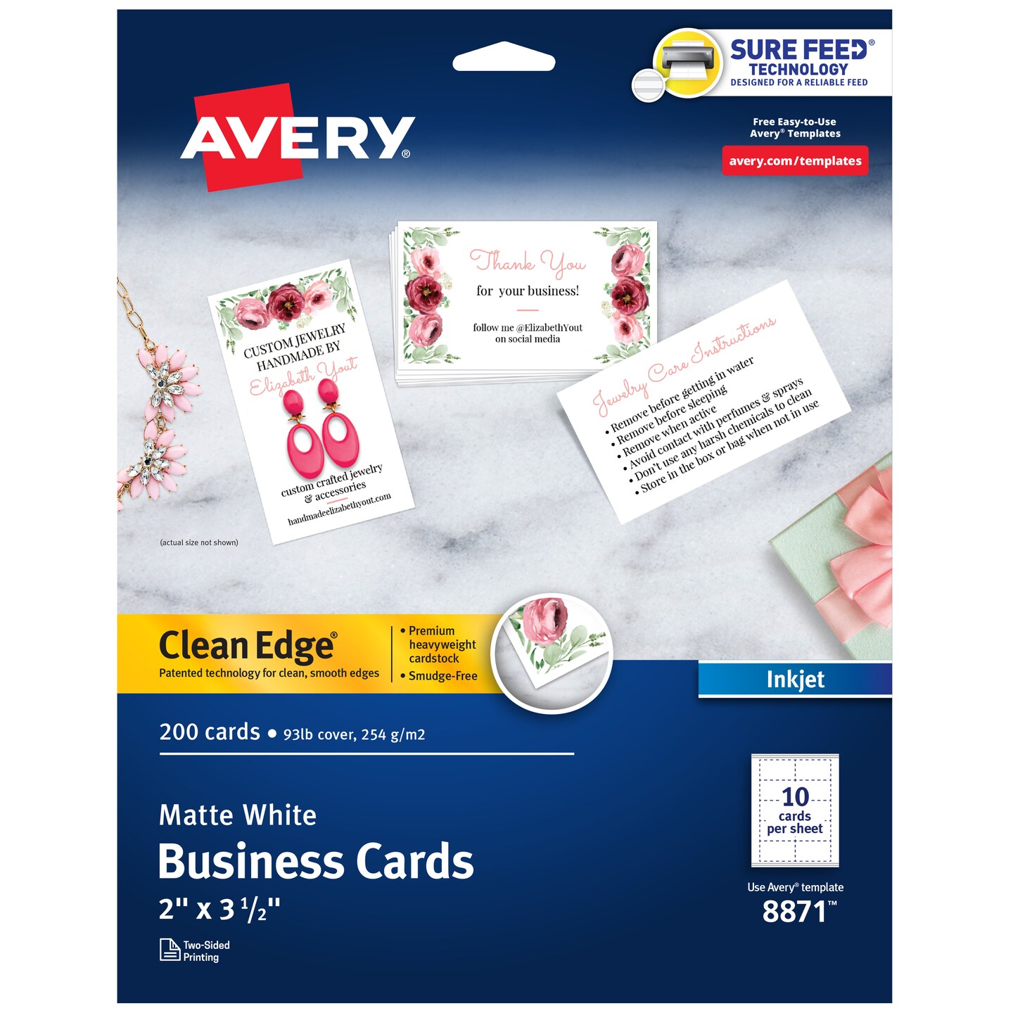 Avery Clean Edge Printable Business Cards with Sure Feed Technology, 2" x 3.5", White, 200 Blank Cards for Inkjet Printers (08871)