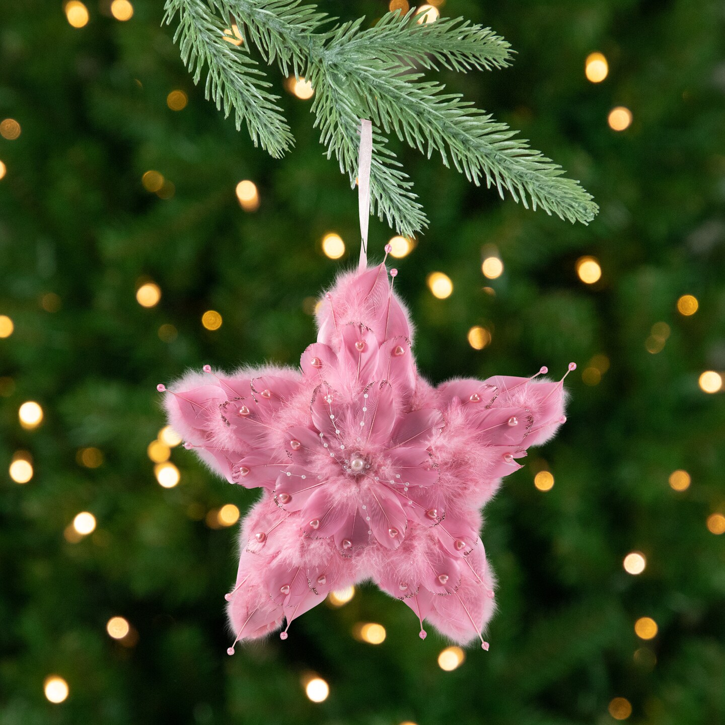 Northlight Plush Feather Star Glittered Christmas Ornament with Hearts -12&#x22; - Pink