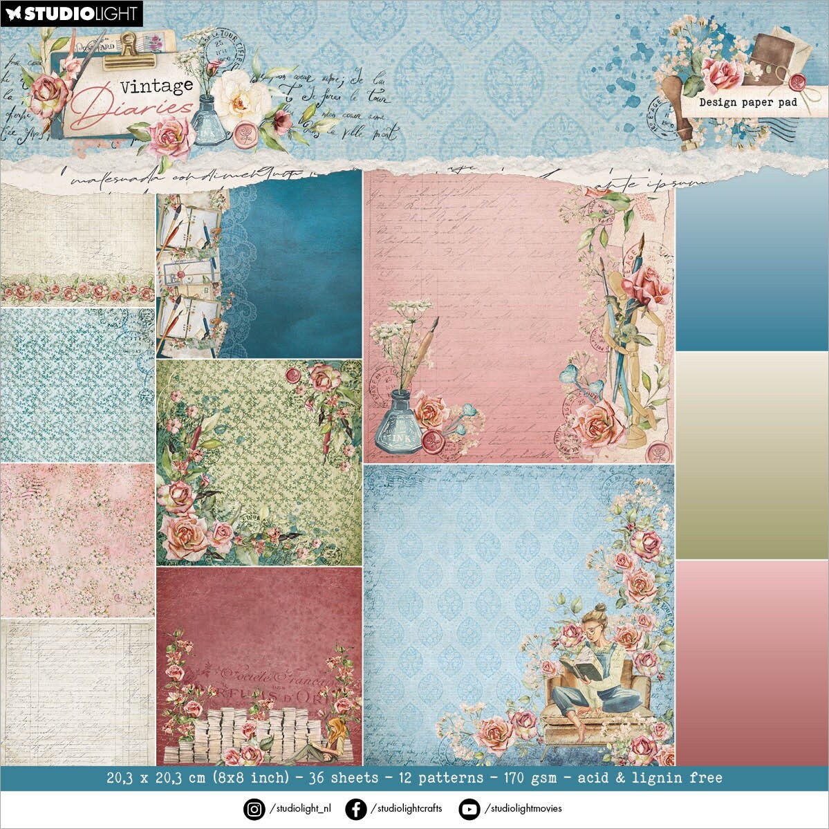Studio Light Vintage Diaries Background Paper Pad 8&#x22;X8&#x22;-Nr. 177, Design