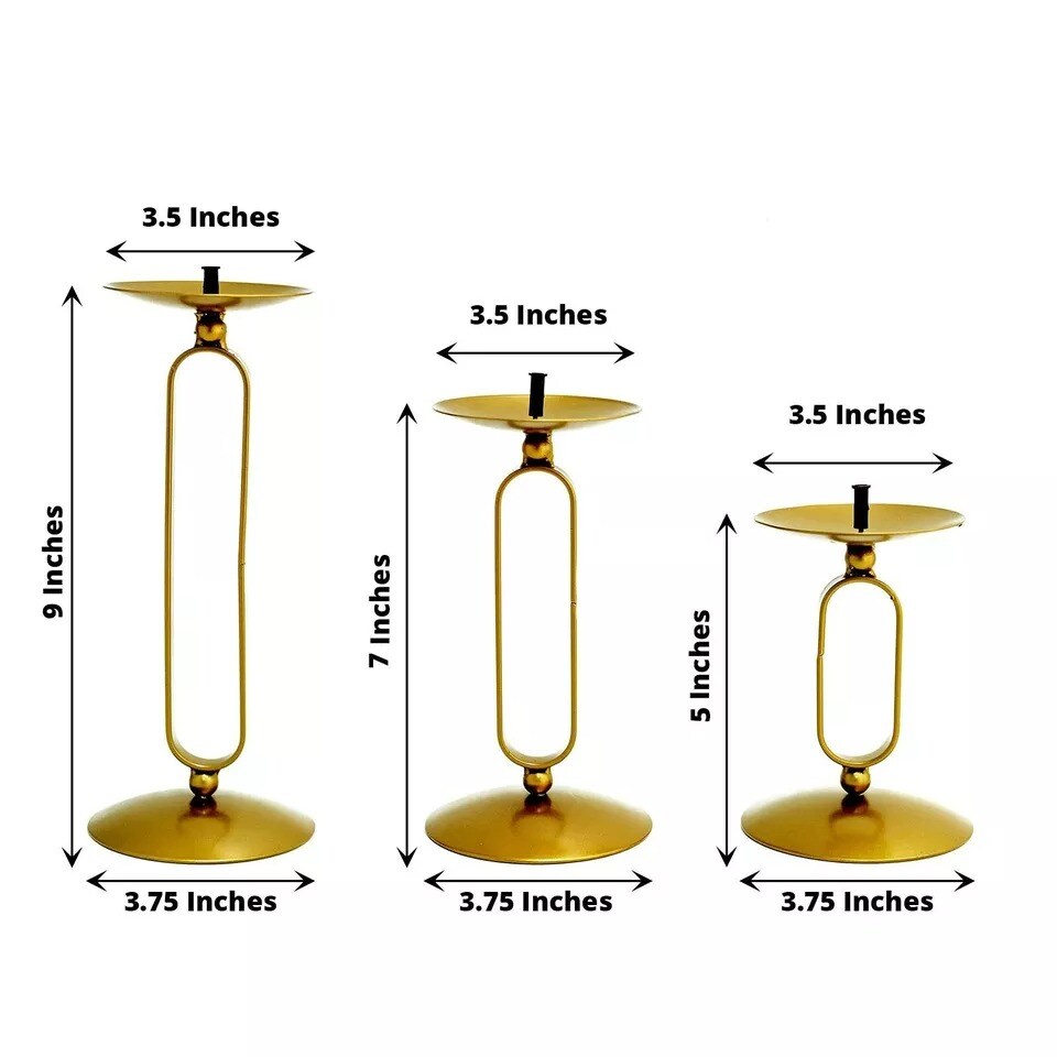 3 Gold Geometric Oval Metal Pillar Candle Holders Wedding Party Events Supplies