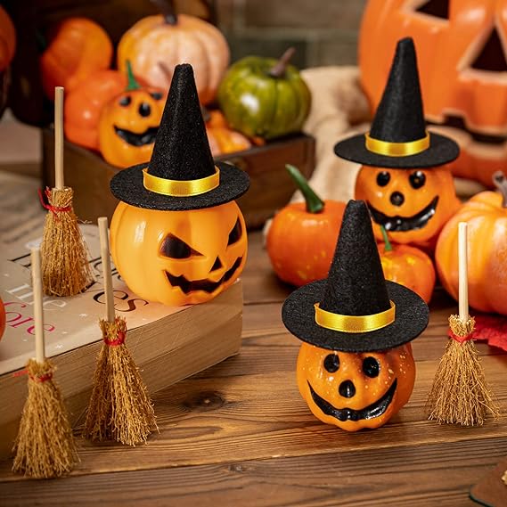 Felt Witch Hats and Brooms for Halloween Handmade Wine Bottle Party Decor