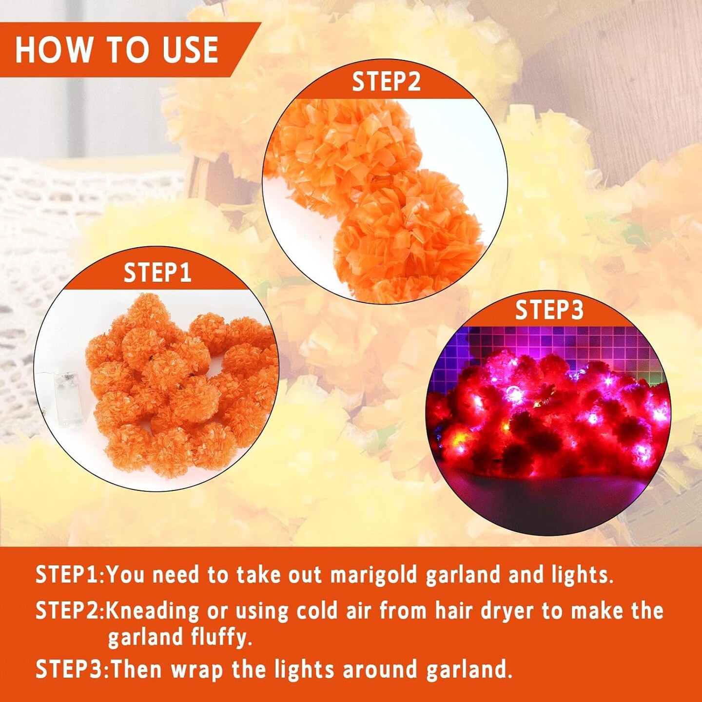 5 Pcs Marigold Flower Garland with Light for Indian Decor