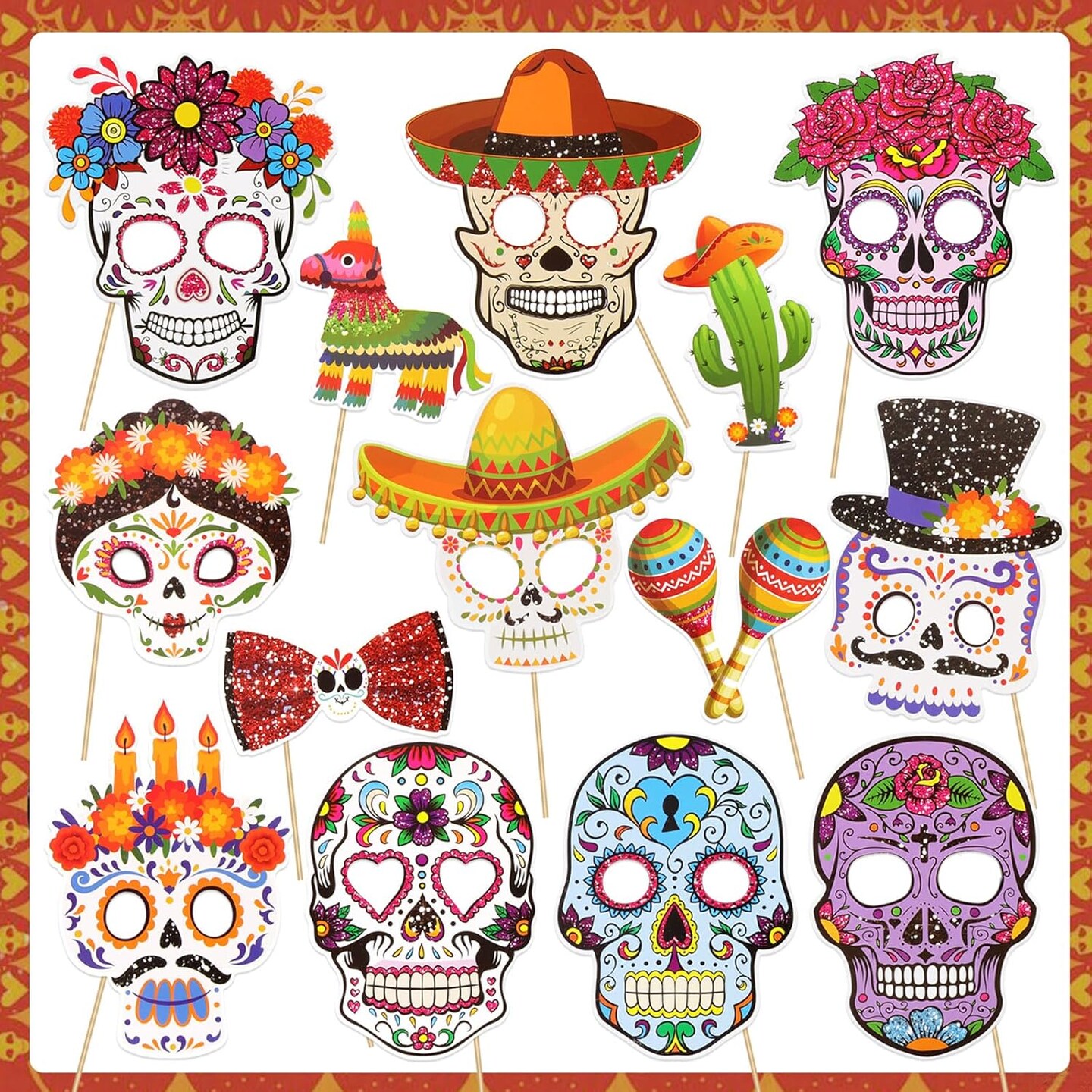 Glitter Day of The Dead Photo Booth Props, Dia De Los Muertos Skull Decorations Photo Props Kits for Day of The Dead Party Favor, Mexican Fiesta Halloween Glitter Prop Pose Sign 30pcs