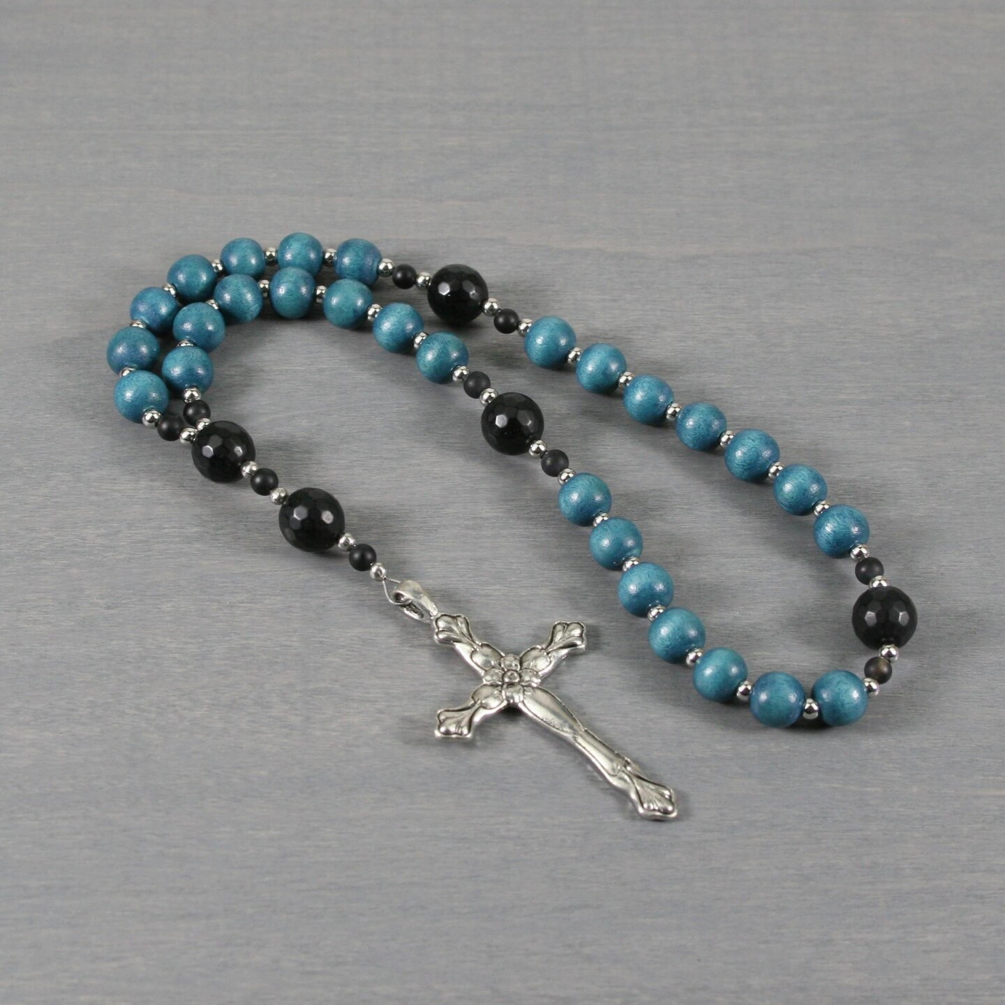 Handmade popular Rosary, 10mm Silver Plated Black Onyx Agate Faceted Beads