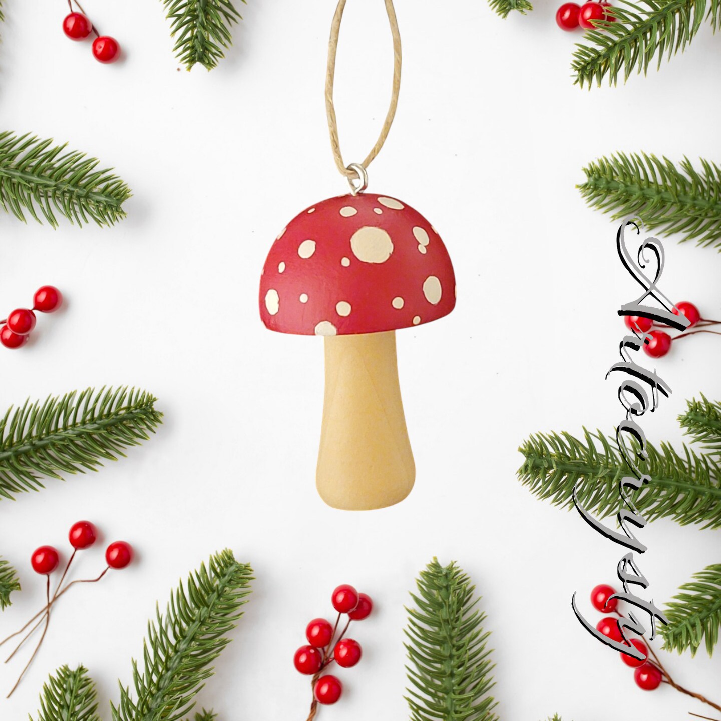 Hand Painted Wooden Mushroom Ornament, Mushroom Decoration 