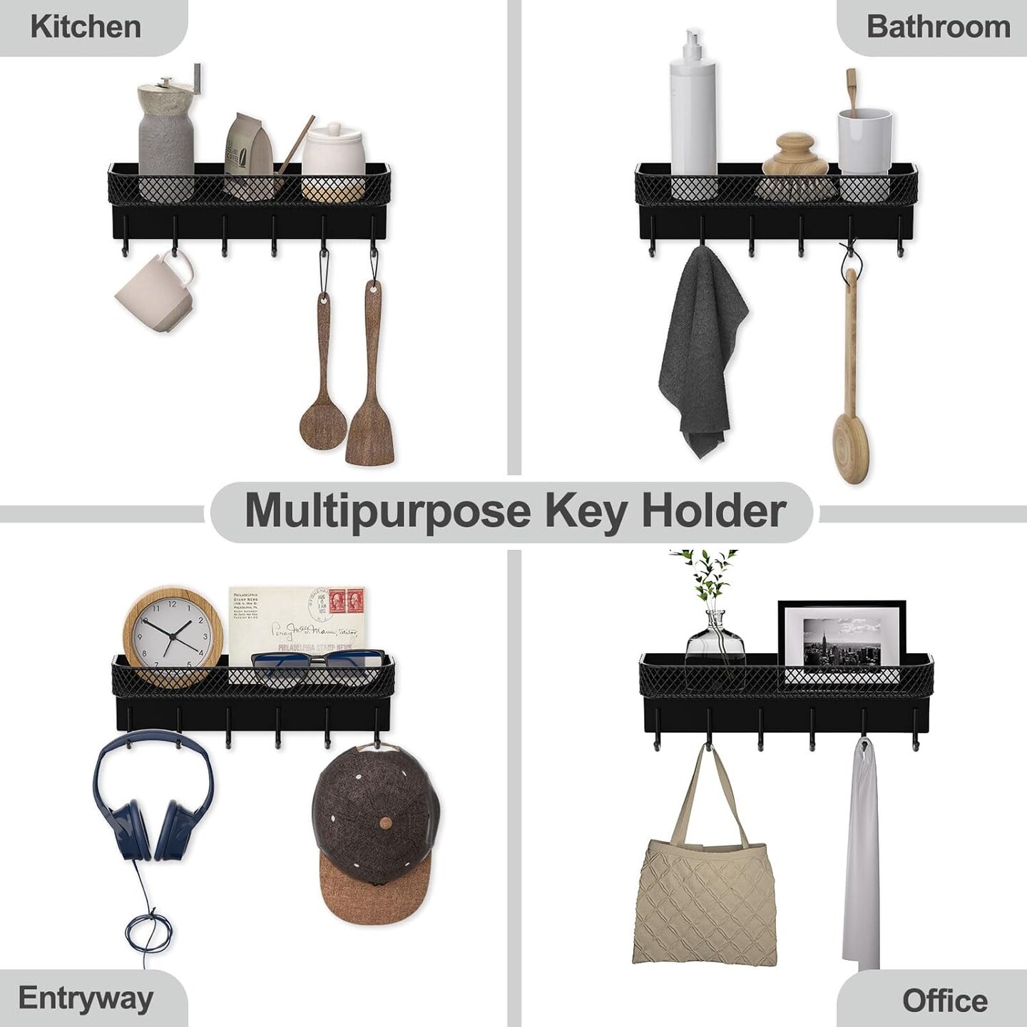 Key Holder for Wall – Decorative Stainless Steel Key Hanger with 6 Hooks for Hats, Bags, Leashes – Mail Holder Key Rack with Mounting Hardware and Guide (9.65” x 2.8” x 2.2”) (Black)