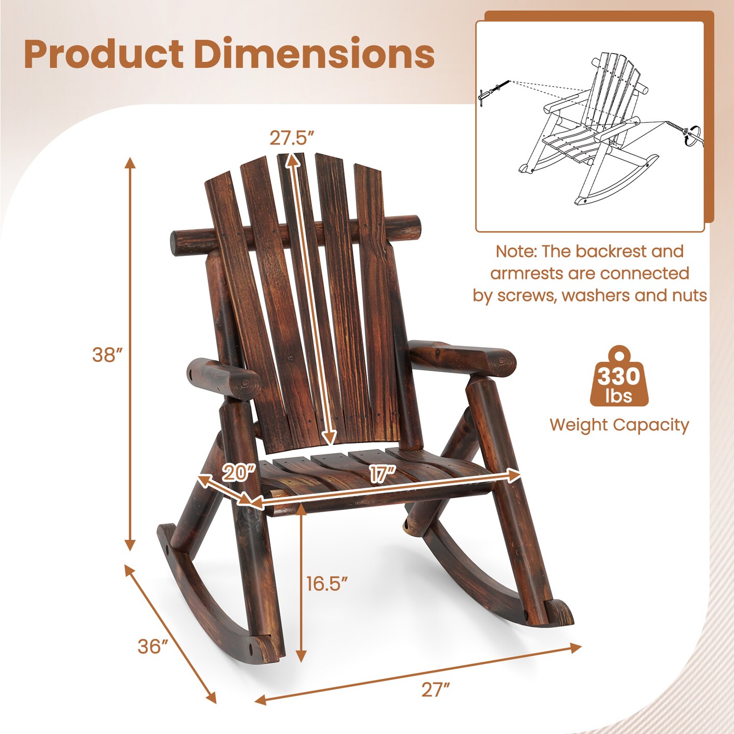 Brown Solid Fir &#x26; Pine Wood Adirondack Patio Rocking Chair