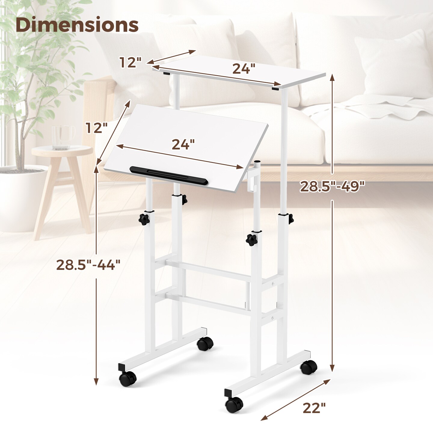 Rolling Mobile Desk Adjustable Height Table for Office and Home