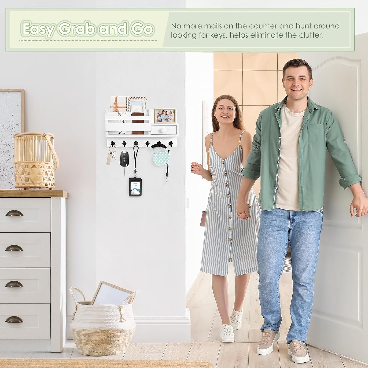 Key Holder Wall Mount, Wooden Mail and Key Organizer with Drawer and Shelf, 2 Slots, 6 Hooks, White