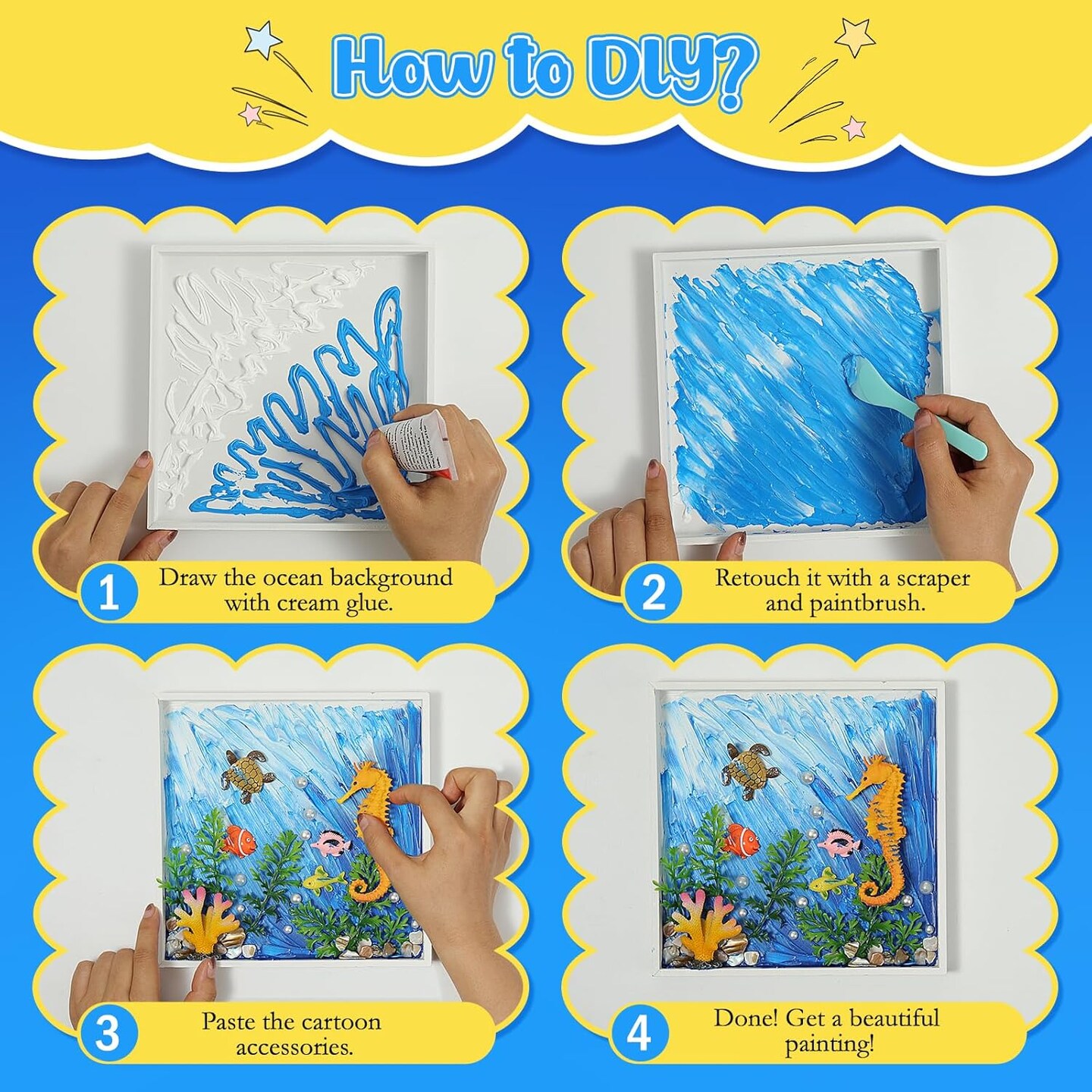 DIY Ocean Painting Kit, DIY Mosaic Arts and Craft Kits with Sea Animal Plant Accessories, Handmade Sticker Painting Kit for Kids Christmas Room Decor, Blue &#x26; White