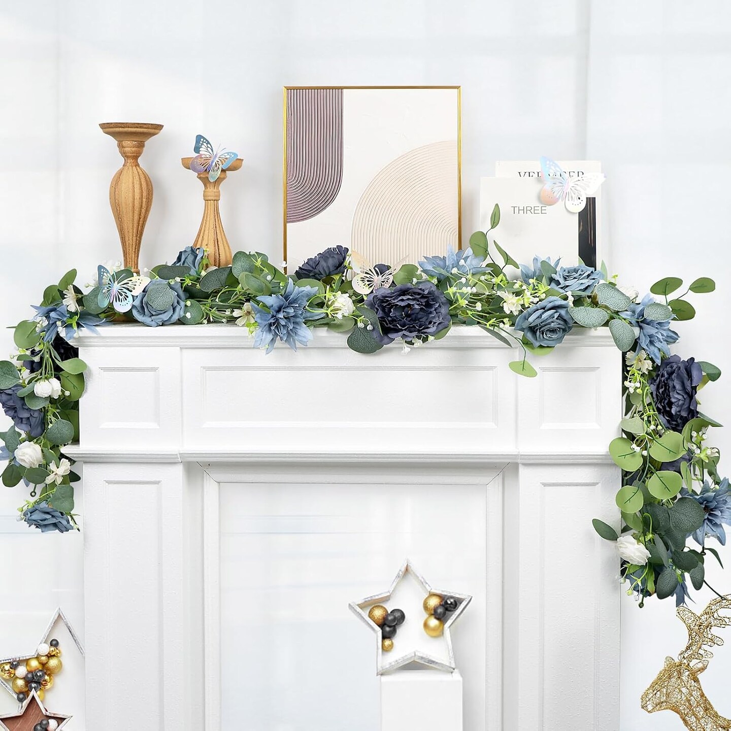 Eucalyptus Spring Garland with Flowers - 2 Pack 5.9 FT Fake Flower Garland with Butterflies Faux Rose Greenery Garlands for Wedding Table Backdrop Arch Centerpieces Decorations - Navy Blue
