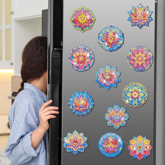 12 Pcs Refrigerator Diamond Painting Magnets Easy Diamond Art Painting Magnetic Stickers Kits Fridge Magnets for Adults DIY Home Decors(Lotus Mandala)