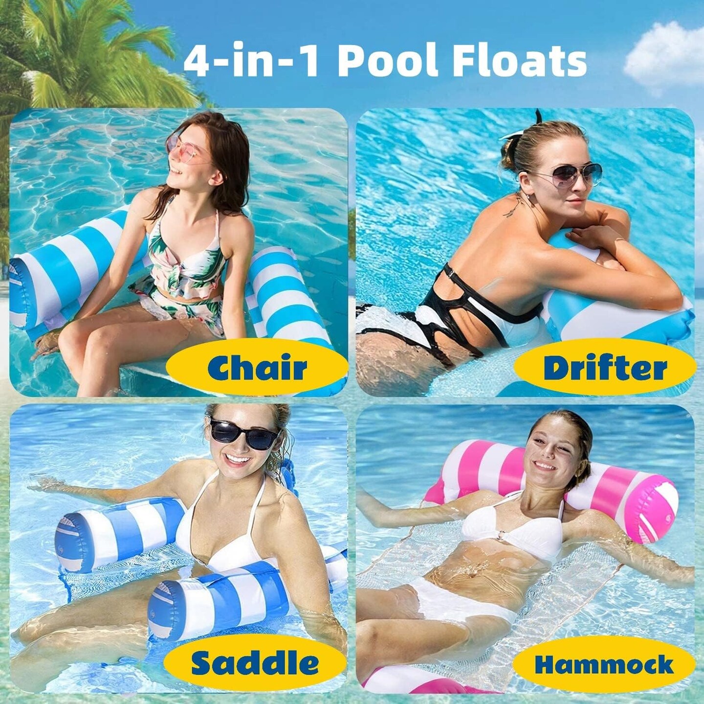 8 Pack Pool Floats Adult Size,Multi-Purpose 4-in-1 Inflatable Hammock Toys (Saddle,Lounge Chair,Hammock,Drifter) Floats for Swimming Pool,for Vacation Fun and Rest