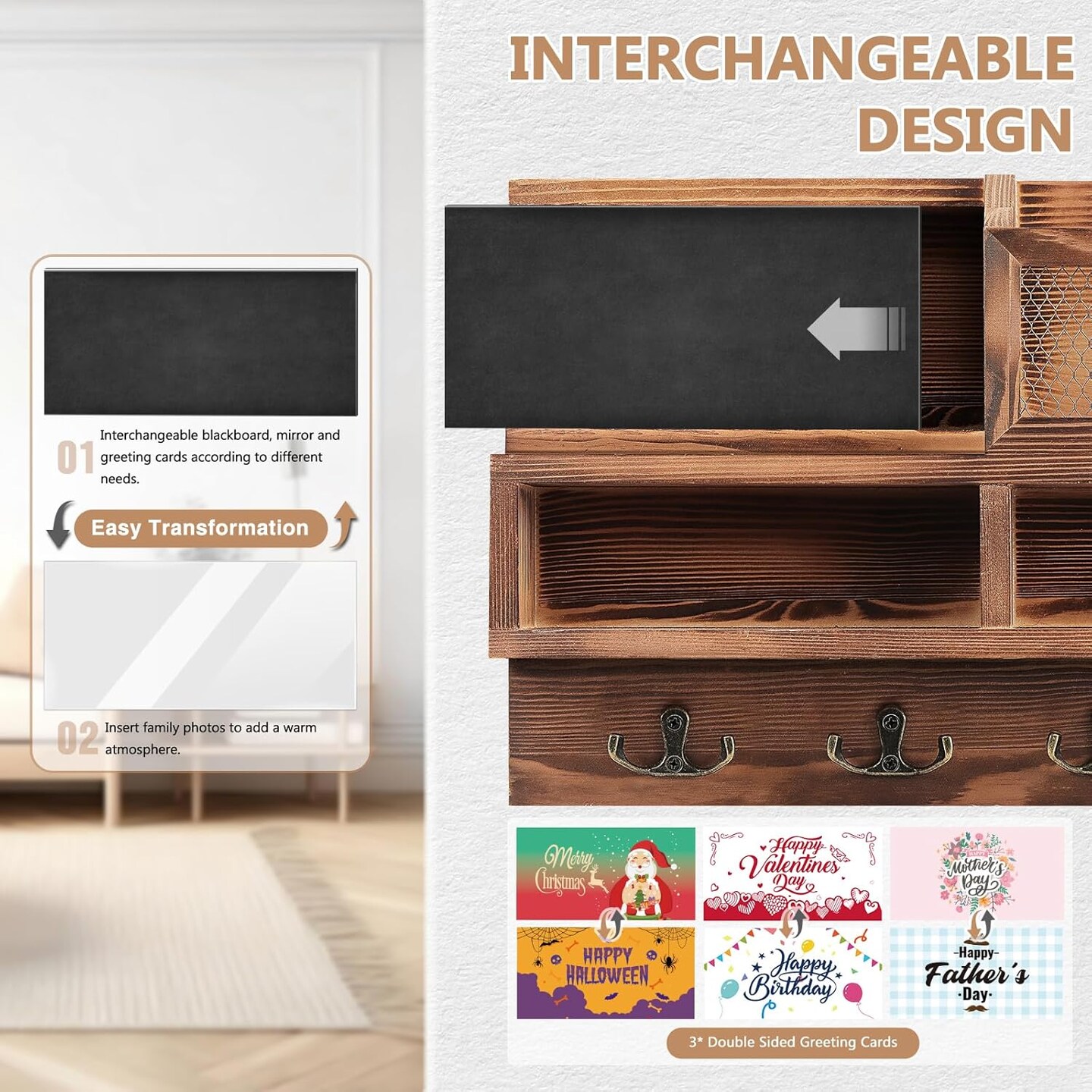 Key Holder Wall Mount, Wooden Mail and Key Organizer with Chalkboard and Mirror, 3 Greeting Cards, 8 Hooks, Brown, Type 1