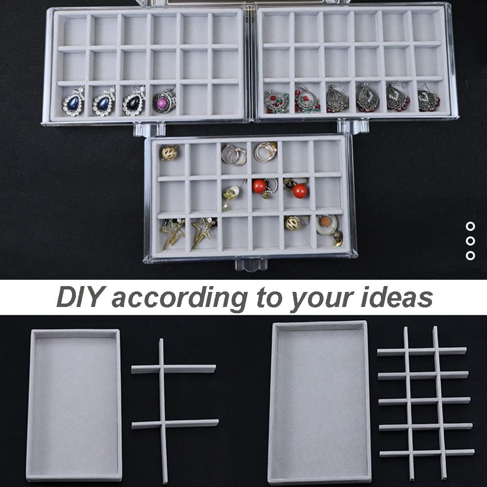 Earring Organizer Box Acrylic Jewelry Organizer with 3 Drawers 54 Adjustable Grids Clear Stackable Earring Holder Velvet Trays Ring Display Case for Women Girls (Gray)