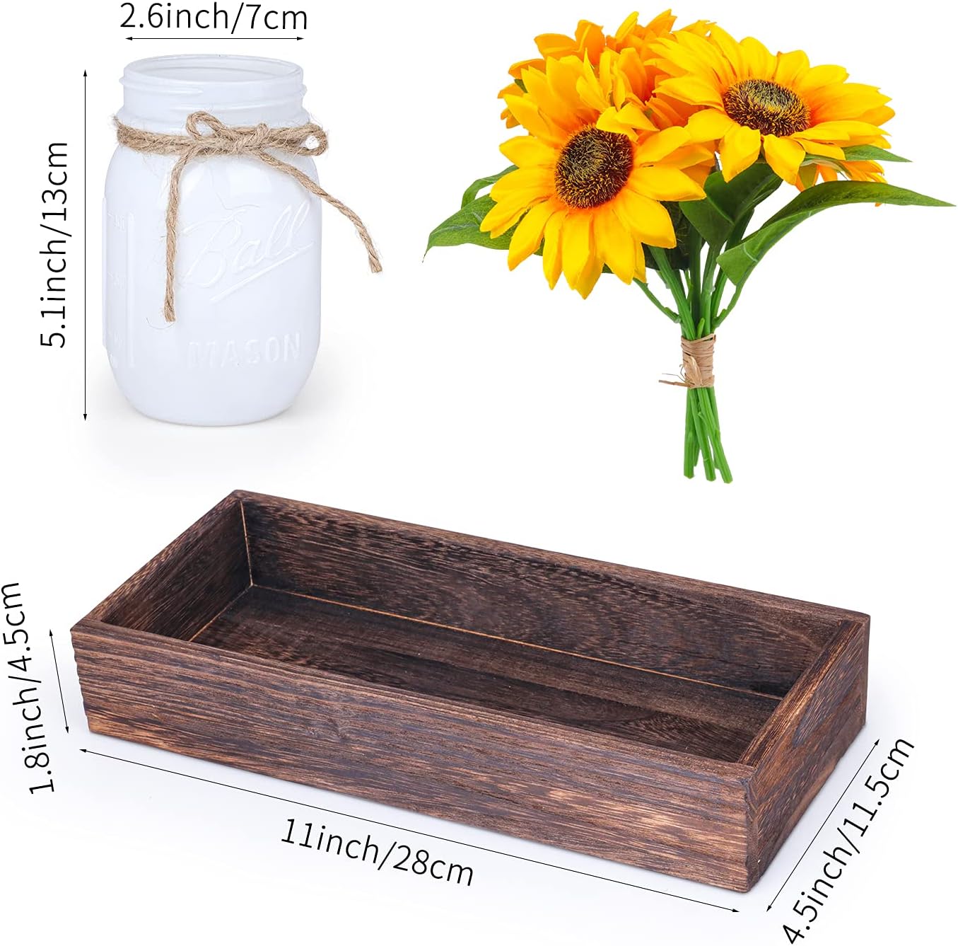 Mason Jar Lights Table Centerpiece Decoration for Dining Room Living Room Kitchen Decor Wood Tray with 3 Jars Sunflower Farmhouse Coffee Centerpieces Table Decor